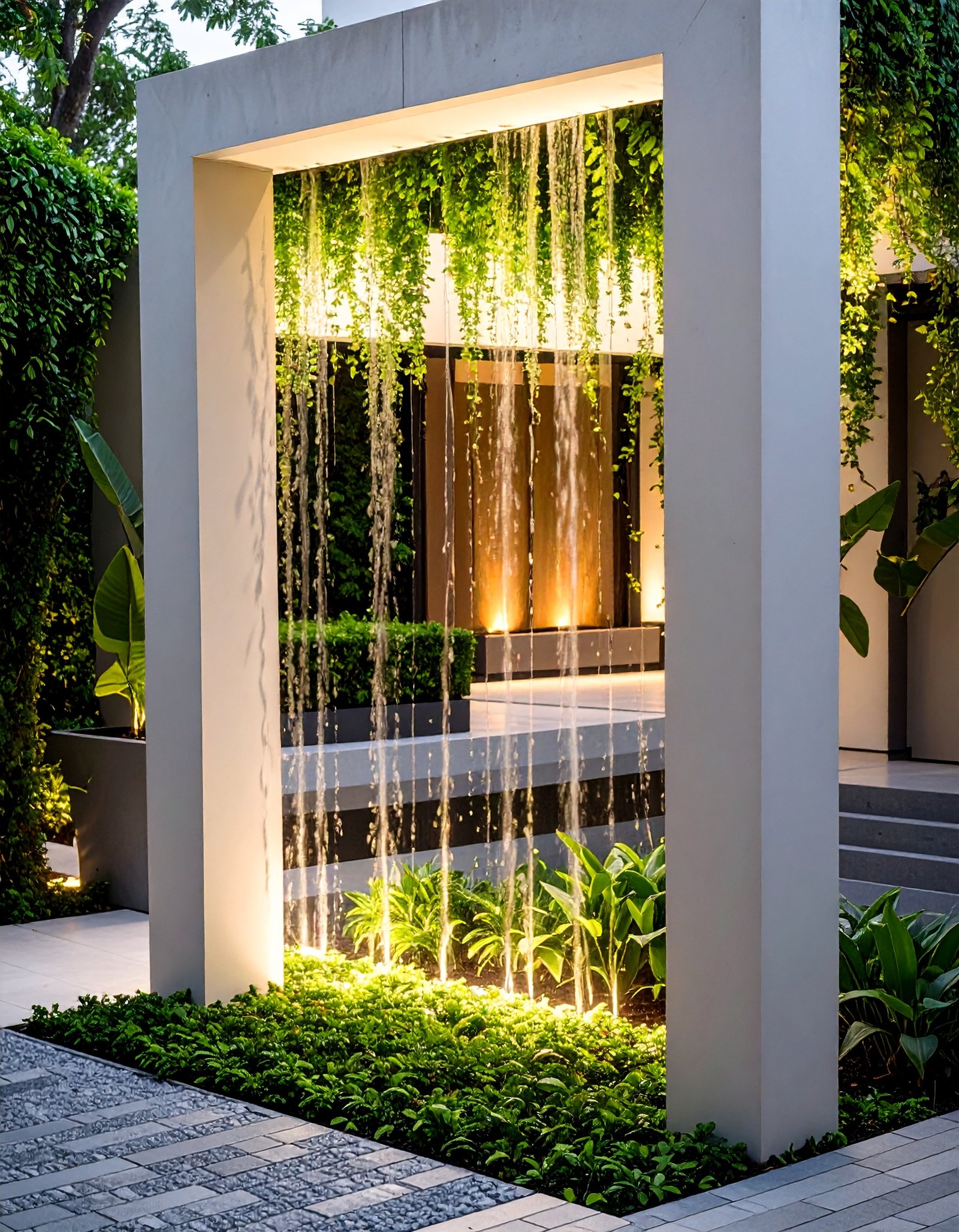 Firefly_muro lloron en un jardin de una casa bonita y moderna 330862